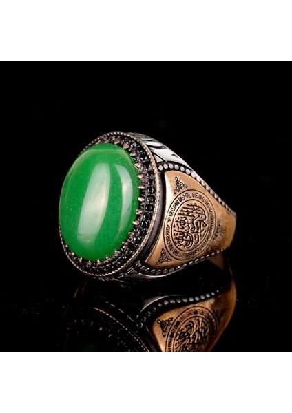 El Yapımı 925 Ayar Gümüş Erkek Yüzük Doğal Yeşil Jade Taşı - Islami Tasarım fırsatları