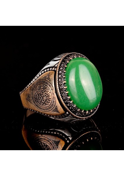El Yapımı 925 Ayar Gümüş Erkek Yüzük Doğal Yeşil Jade Taşı - Islami Tasarım indirimleri