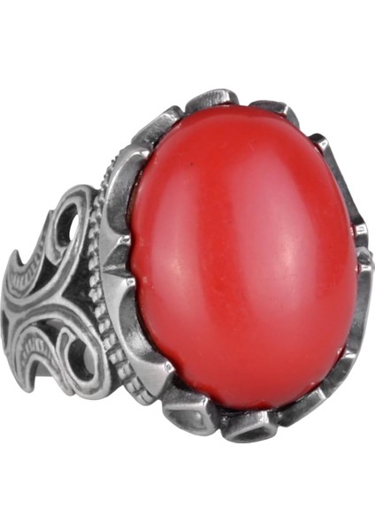 925K Ayar Gümüş Erkek Yüzük - Farklı Yapay Taş Seçenekleri ile (Kırmızı Mercan Yapay Taş)