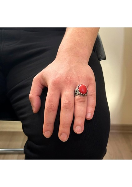 925K Ayar Gümüş Erkek Yüzük - Farklı Yapay Taş Seçenekleri ile (Kırmızı Mercan Yapay Taş) modelleri