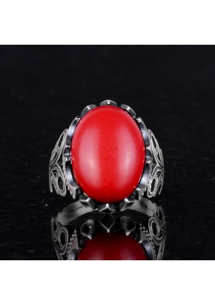 925K Ayar Gümüş Erkek Yüzük - Farklı Yapay Taş Seçenekleri ile (Kırmızı Mercan Yapay Taş) fırsatları