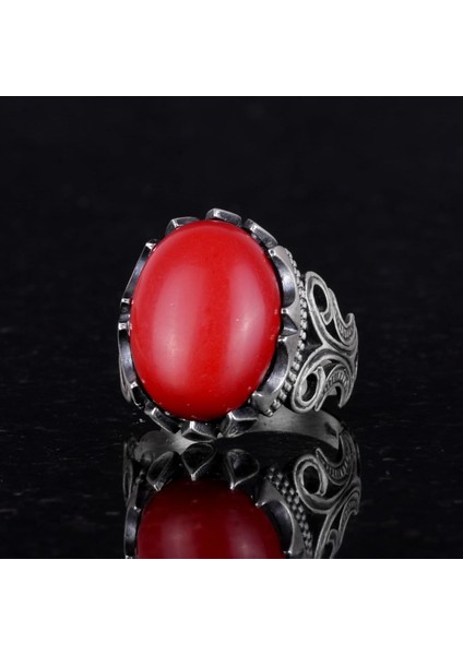 925K Ayar Gümüş Erkek Yüzük - Farklı Yapay Taş Seçenekleri ile (Kırmızı Mercan Yapay Taş) indirimleri