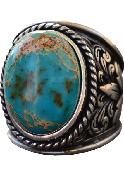Doğal Mavi Jasper Taşı Büyük Zambak Desenli Sterlin Gümüş Erkek Yüzüğü - Cesur ve Şık