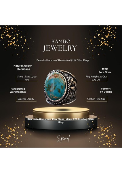 Doğal Mavi Jasper Taşı Büyük Zambak Desenli Sterlin Gümüş Erkek Yüzüğü - Cesur ve Şık fiyatları