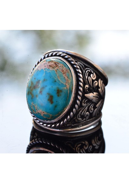 Doğal Mavi Jasper Taşı Büyük Zambak Desenli Sterlin Gümüş Erkek Yüzüğü - Cesur ve Şık modelleri