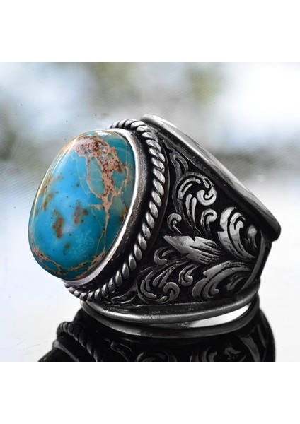 Doğal Mavi Jasper Taşı Büyük Zambak Desenli Sterlin Gümüş Erkek Yüzüğü - Cesur ve Şık fırsatları