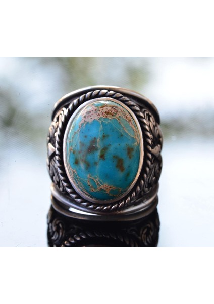 Doğal Mavi Jasper Taşı Büyük Zambak Desenli Sterlin Gümüş Erkek Yüzüğü - Cesur ve Şık indirimleri