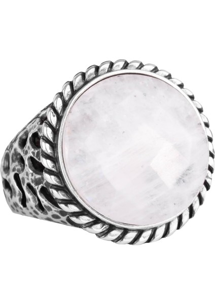 Doğal Taş Yüzük - 925 Ayar Katı Gümüş Erkek Yüzük ile Ay Taşı