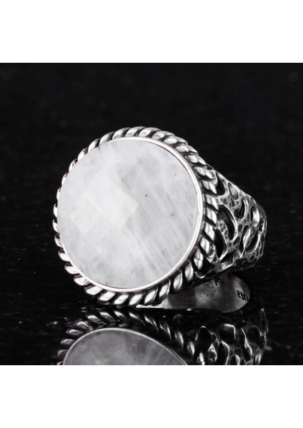 Doğal Taş Yüzük - 925 Ayar Katı Gümüş Erkek Yüzük ile Ay Taşı fırsatları