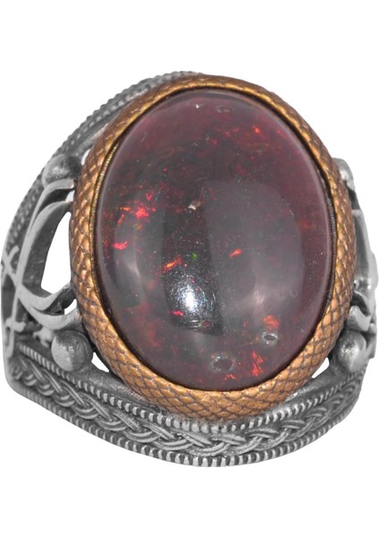 Doğal Opal Taşlı Yüzük - 925 Ayar Gümüş Erkek Yüzüğü - Iki Kılıç Desenli El Yapımı Yüzük