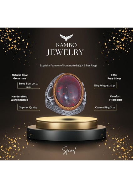 Doğal Opal Taşlı Yüzük - 925 Ayar Gümüş Erkek Yüzüğü - Iki Kılıç Desenli El Yapımı Yüzük fiyatları