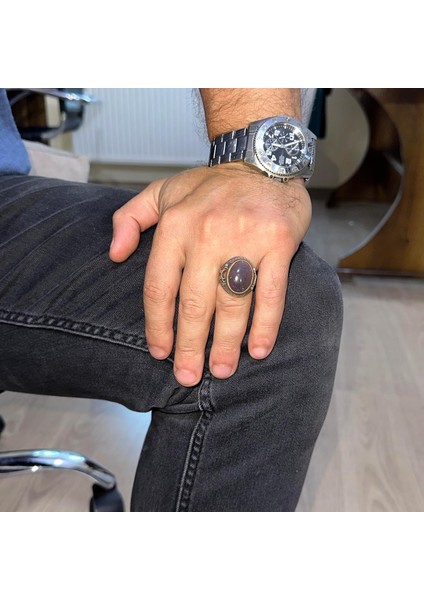 Doğal Opal Taşlı Yüzük - 925 Ayar Gümüş Erkek Yüzüğü - Iki Kılıç Desenli El Yapımı Yüzük modelleri