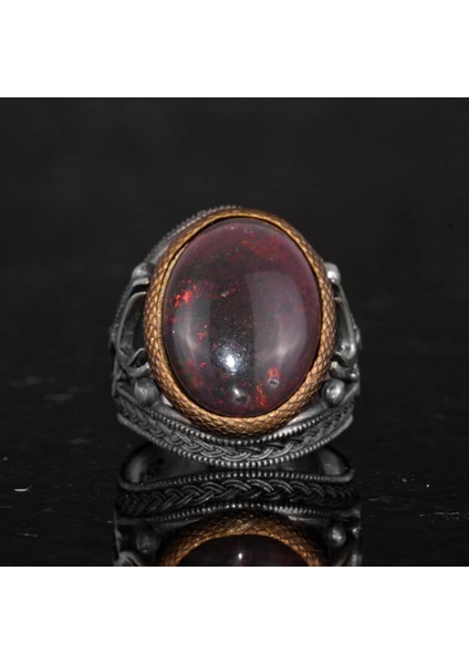 Doğal Opal Taşlı Yüzük - 925 Ayar Gümüş Erkek Yüzüğü - Iki Kılıç Desenli El Yapımı Yüzük fırsatları