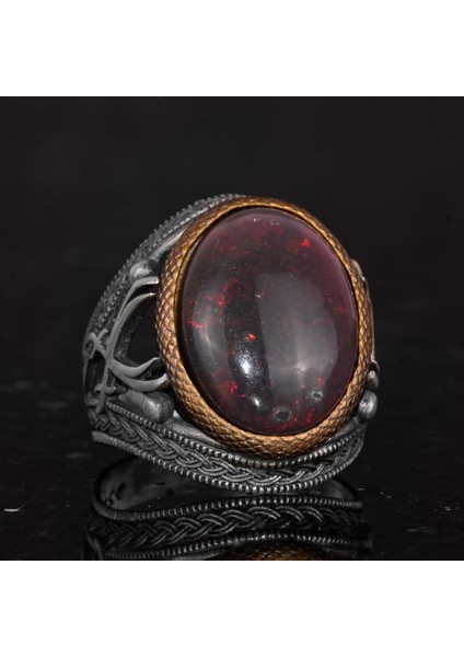 Doğal Opal Taşlı Yüzük - 925 Ayar Gümüş Erkek Yüzüğü - Iki Kılıç Desenli El Yapımı Yüzük indirimleri