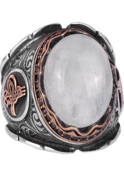 Doğal Cabochon Akuamarin Taş Yüzük, Osmanlı Imparatorluğu Tuğra Gümüş Yüzük, Huzur Temalı 925K Katı Gümüş Erkek Yüzük