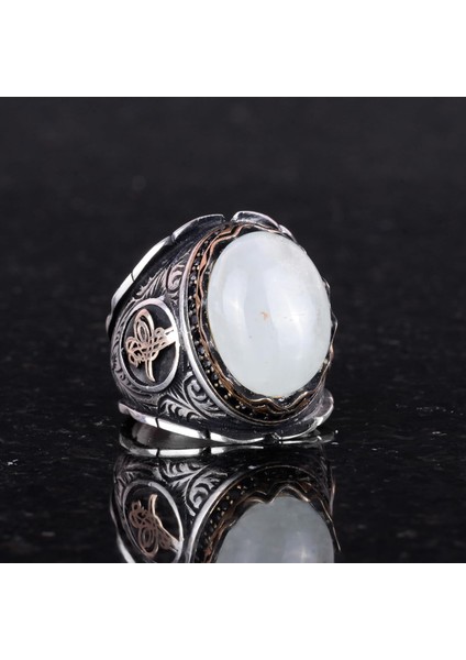 Doğal Cabochon Akuamarin Taş Yüzük, Osmanlı Imparatorluğu Tuğra Gümüş Yüzük, Huzur Temalı 925K Katı Gümüş Erkek Yüzük fırsatları