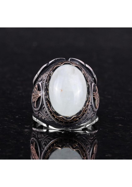 Doğal Cabochon Akuamarin Taş Yüzük, Osmanlı Imparatorluğu Tuğra Gümüş Yüzük, Huzur Temalı 925K Katı Gümüş Erkek Yüzük indirimleri