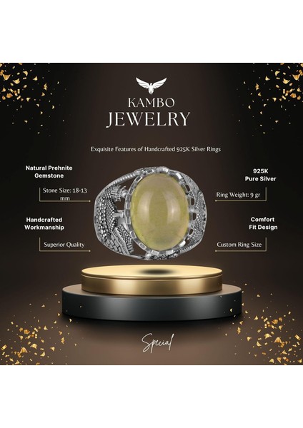 925K Katı Gümüş Erkek Yüzük, Doğal Prehnit Taşlı Yüzük, Islami Gümüş Yüzük, El Yapımı Zarafet fiyatları