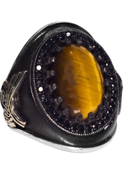 El Yapımı Sterlin Gümüş Erkek Yüzük | Doğal Kaplan Göz Taşı | Güç ve Koruma Tasarımı