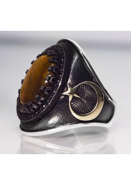 El Yapımı Sterlin Gümüş Erkek Yüzük | Doğal Kaplan Göz Taşı | Güç ve Koruma Tasarımı fırsatları
