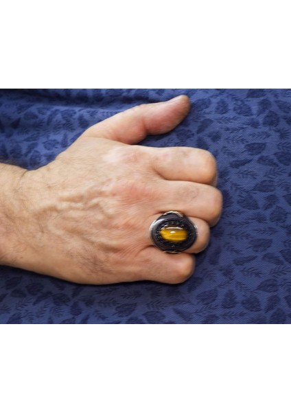 El Yapımı Sterlin Gümüş Erkek Yüzük | Doğal Kaplan Göz Taşı | Güç ve Koruma Tasarımı indirimleri