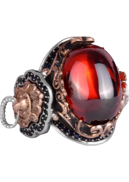 Aslan Sembol Yüzük, Cabochon Yapay Granat Taşı Yüzük, 925 Ayar Gümüş Yüzük, Tasarım Gümüş Erkek Yüzüğü