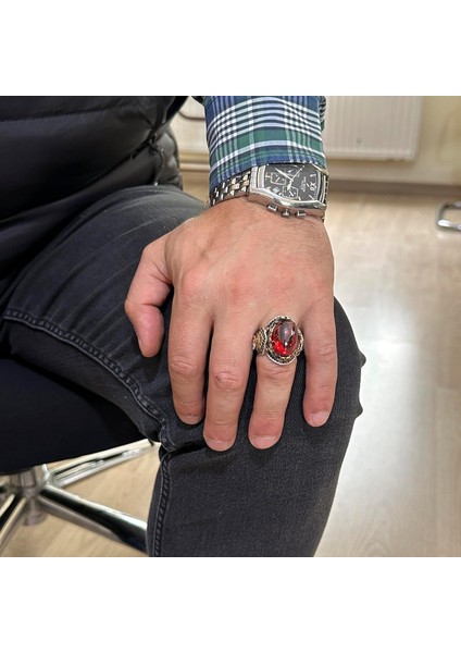 Aslan Sembol Yüzük, Cabochon Yapay Granat Taşı Yüzük, 925 Ayar Gümüş Yüzük, Tasarım Gümüş Erkek Yüzüğü modelleri