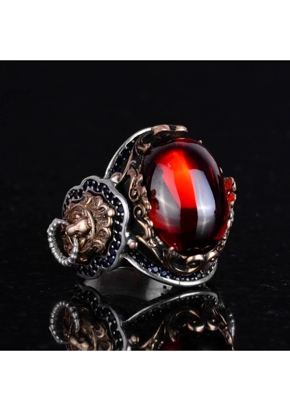 Aslan Sembol Yüzük, Cabochon Yapay Granat Taşı Yüzük, 925 Ayar Gümüş Yüzük, Tasarım Gümüş Erkek Yüzüğü indirimleri