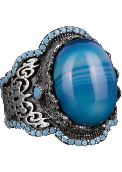 925 Ayar Gümüş Erkek Yüzük, Doğal Mavi Akik Taşı, Sultan Yüzüğü