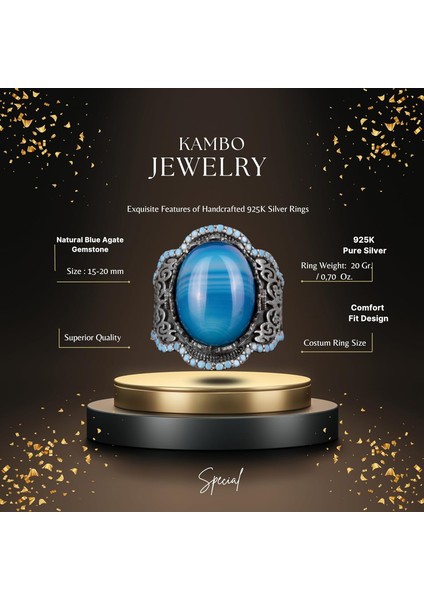 925 Ayar Gümüş Erkek Yüzük, Doğal Mavi Akik Taşı, Sultan Yüzüğü fiyatları