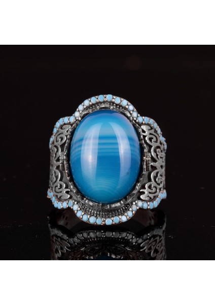 925 Ayar Gümüş Erkek Yüzük, Doğal Mavi Akik Taşı, Sultan Yüzüğü fırsatları