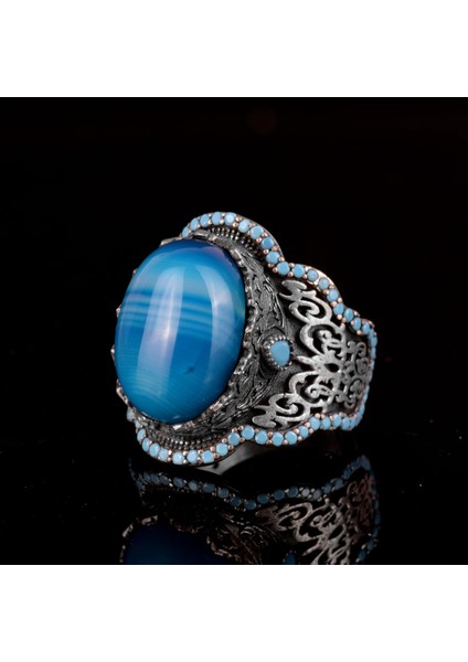 925 Ayar Gümüş Erkek Yüzük, Doğal Mavi Akik Taşı, Sultan Yüzüğü indirimleri
