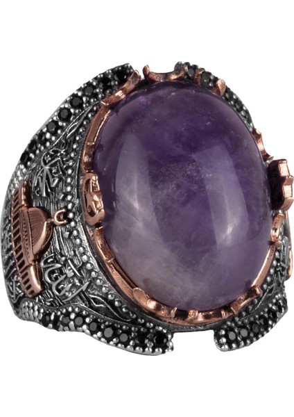 Doğal Ametist Taşlı Yüzük, Erkek Yüzüğü, 925K Katı Gümüş Erkek Yüzüğü