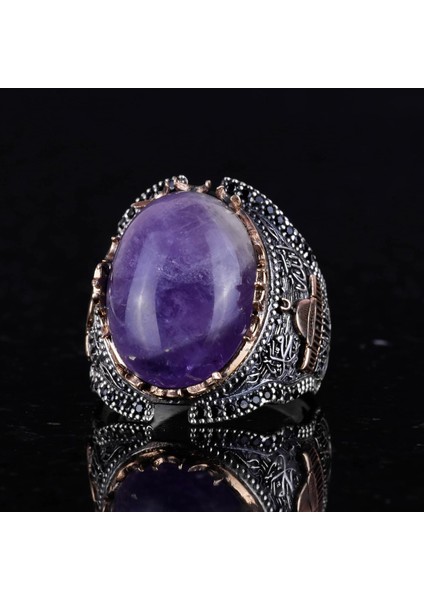 Doğal Ametist Taşlı Yüzük, Erkek Yüzüğü, 925K Katı Gümüş Erkek Yüzüğü fırsatları