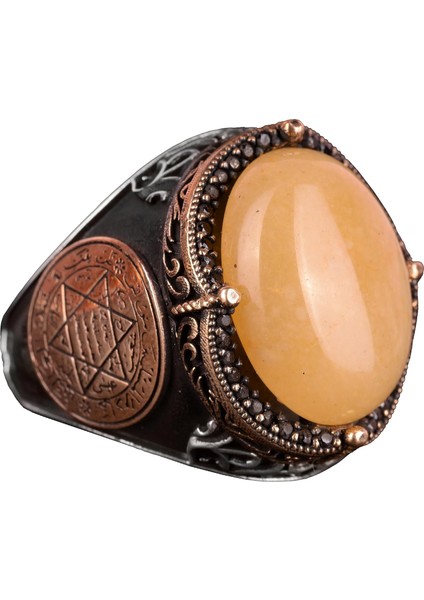 David Yıldızı Yüzüğü, Doğal Sarı Akik Taş Yüzüğü - Gümüş Erkek Yüzüğü, 925 Ayar Gümüş Yüzük Tasarımı