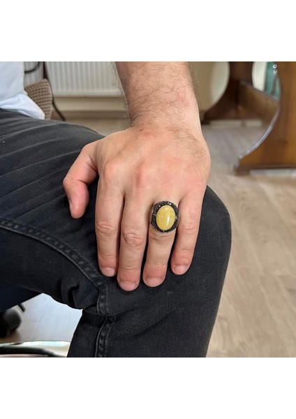 David Yıldızı Yüzüğü, Doğal Sarı Akik Taş Yüzüğü - Gümüş Erkek Yüzüğü, 925 Ayar Gümüş Yüzük Tasarımı modelleri