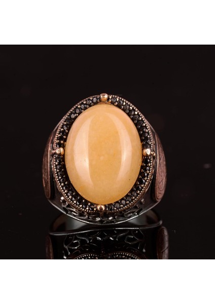 David Yıldızı Yüzüğü, Doğal Sarı Akik Taş Yüzüğü - Gümüş Erkek Yüzüğü, 925 Ayar Gümüş Yüzük Tasarımı fırsatları