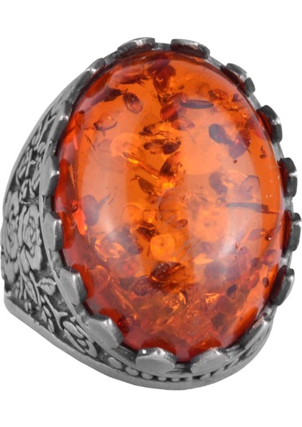 925 Ayar Gümüş Yüzük - Gül Desenli Yüzük - Doğal Olmayan Taş Yüzük (Oluşturulmuş Amber)