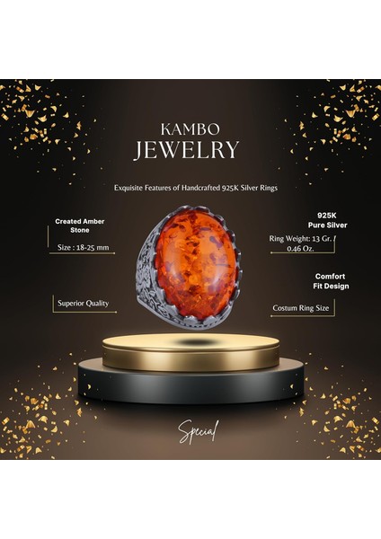 925 Ayar Gümüş Yüzük - Gül Desenli Yüzük - Doğal Olmayan Taş Yüzük (Oluşturulmuş Amber) fiyatları