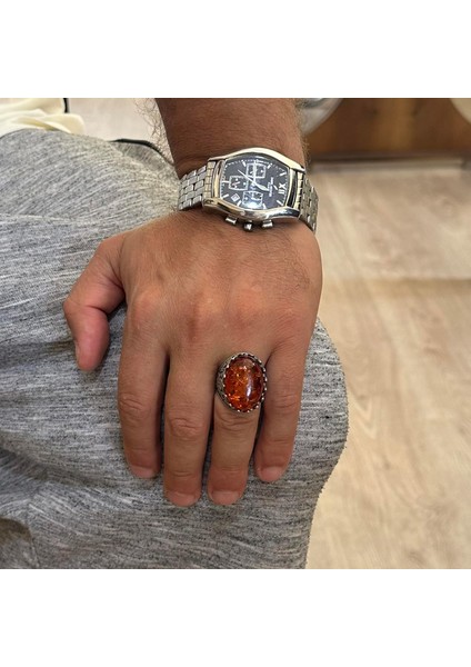 925 Ayar Gümüş Yüzük - Gül Desenli Yüzük - Doğal Olmayan Taş Yüzük (Oluşturulmuş Amber) modelleri