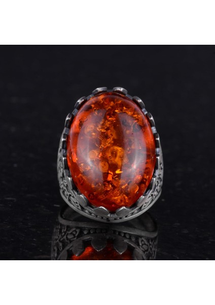 925 Ayar Gümüş Yüzük - Gül Desenli Yüzük - Doğal Olmayan Taş Yüzük (Oluşturulmuş Amber) fırsatları