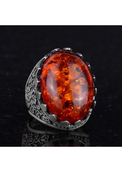 925 Ayar Gümüş Yüzük - Gül Desenli Yüzük - Doğal Olmayan Taş Yüzük (Oluşturulmuş Amber) indirimleri