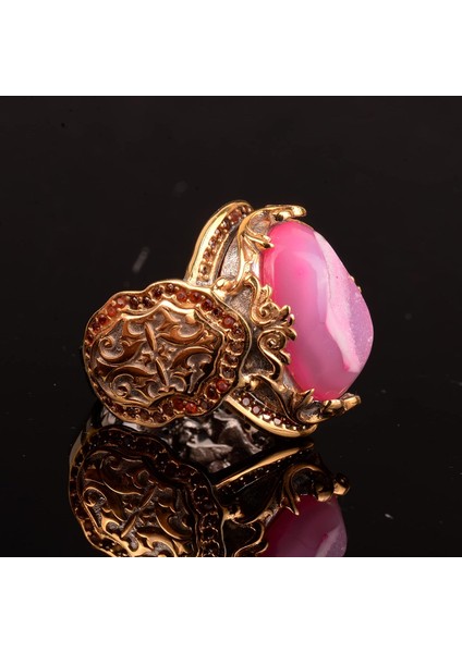 El Yapımı 925 Ayar Gümüş Yüzük Druzy Kuvars Taşı: - Pembe, Yeşil, Lacivert Varyasyonlar (Pembe) fırsatları