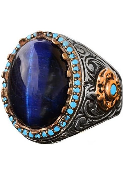 Kral Yüzük - Yapay Mavi Kaplan Göz Taşı, 925 Ayar Gümüş Unisex Yüzük