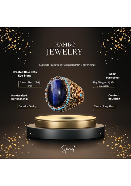 Kral Yüzük - Yapay Mavi Kaplan Göz Taşı, 925 Ayar Gümüş Unisex Yüzük fiyatları