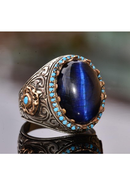 Kral Yüzük - Yapay Mavi Kaplan Göz Taşı, 925 Ayar Gümüş Unisex Yüzük modelleri