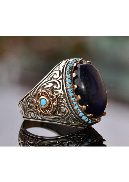 Kral Yüzük - Yapay Mavi Kaplan Göz Taşı, 925 Ayar Gümüş Unisex Yüzük fırsatları