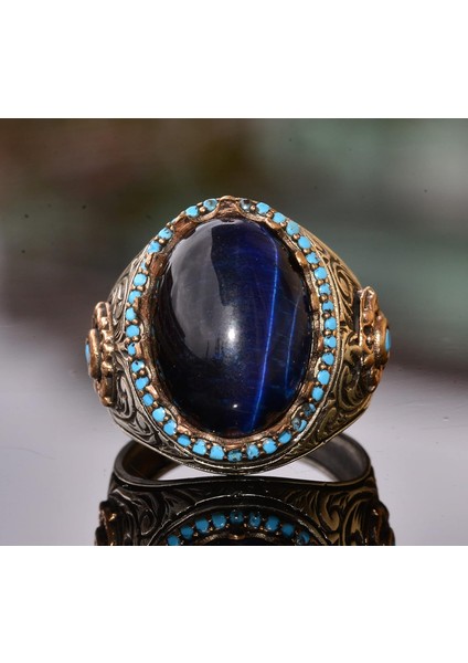 Kral Yüzük - Yapay Mavi Kaplan Göz Taşı, 925 Ayar Gümüş Unisex Yüzük indirimleri