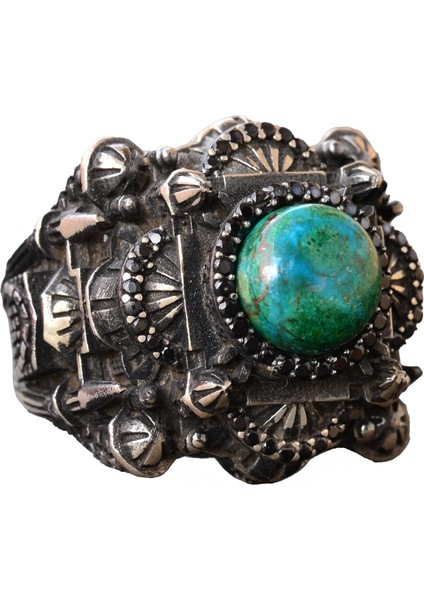 Erkekler Için Lüks 925 Ayar Gümüş Yüzük - Krysokolla Taşı ile Şık ve Görkemli Tasarım