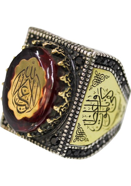 Erkek Sterling Gümüş Yüzük, Cami Işlemeli Yüzük, Amber Taşlı, Islami Yüzük